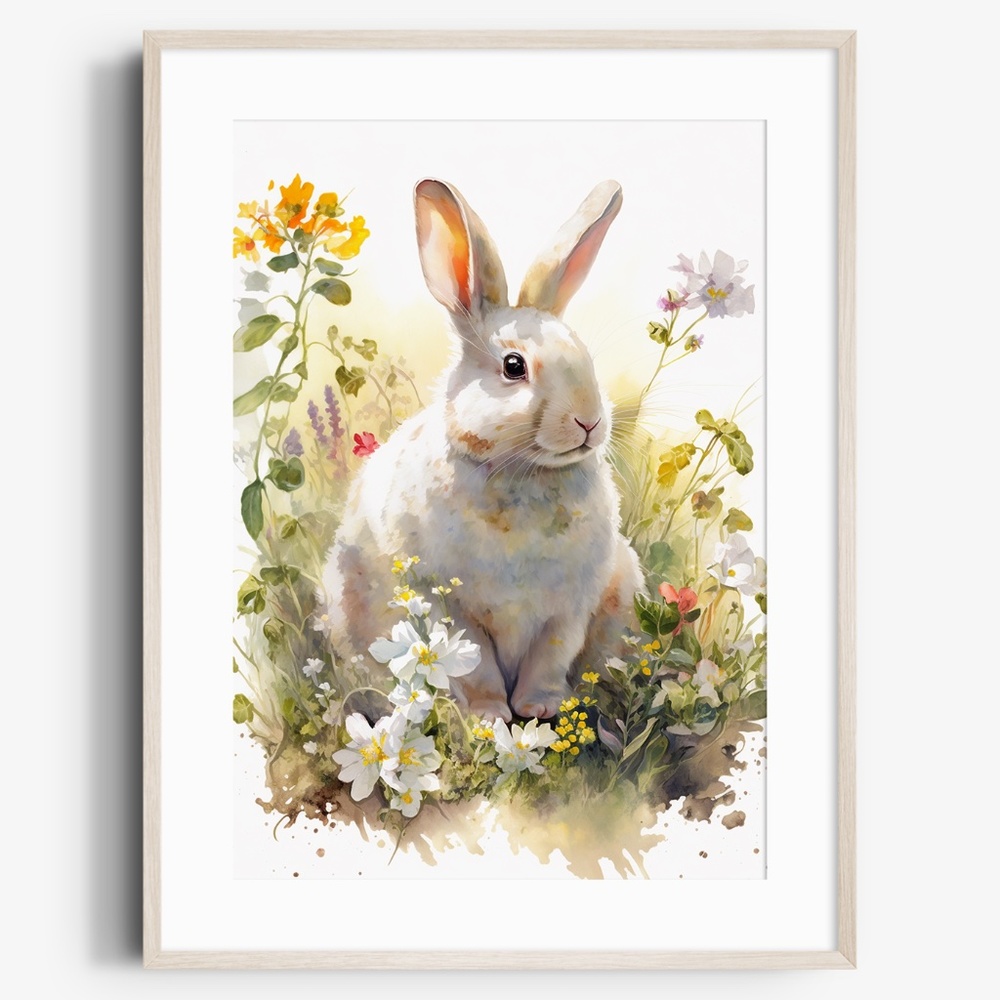 Cute Floral White Bunny Watercolor Wall Art Illustration Print Poster Unframed